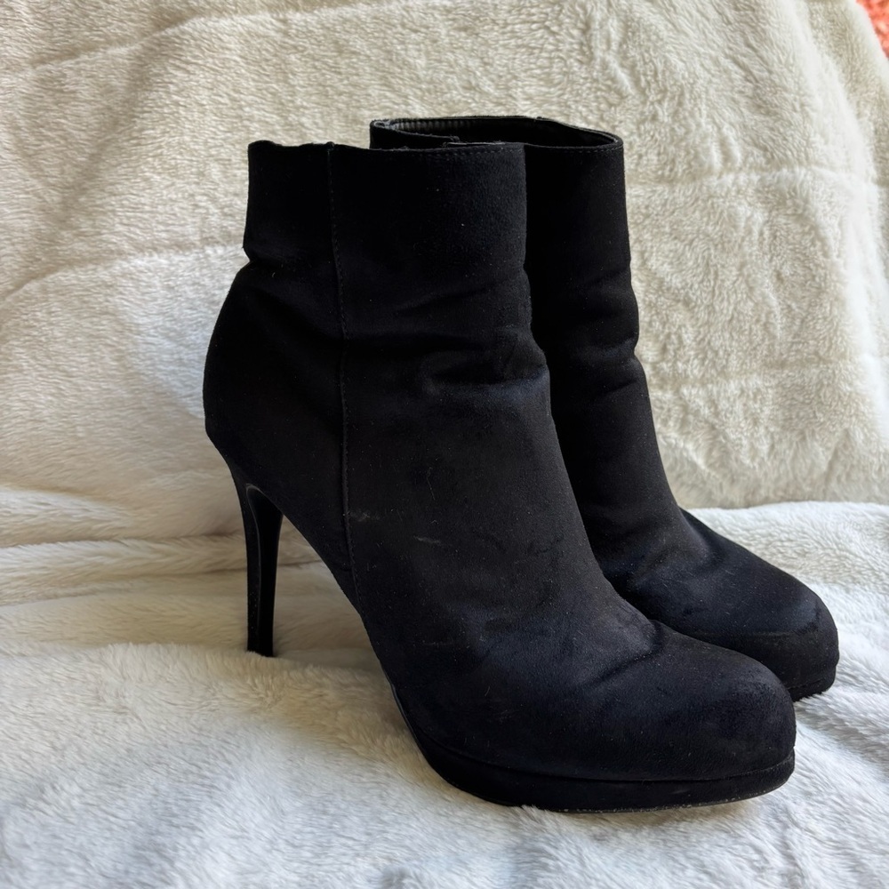 Le Château Stiletto Ankle Boots Black Suede Look Platform Booties Size 10/40
